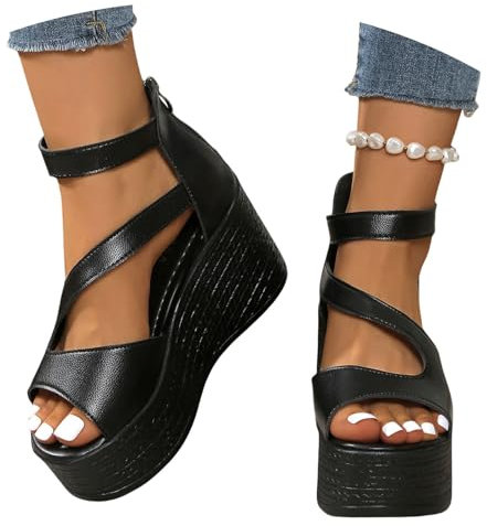 MEECHI 2025 Nuovi Sandali con Tacco Cavo Sandali Estivi con Zeppa da Donna Sandali da Sposa retrò Tacchi Alti con Plateau Scarpe da Sera con Punta Aperta in Pelle PU con Cerniera(Black,38 EU)