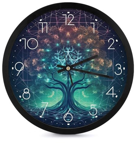BVKWNTSA Elegante e semplice orologio da parete rotondo in plastica con immagine di albero della vita futuristico con spazio stampato, cronometraggio preciso, decorazione della stanza