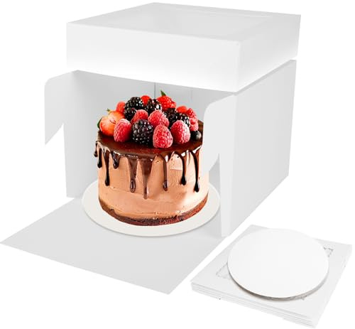 Aevcvok 5 Sets Kuchenbox 25,4x25,4x20,3cm, 5 Stk Kuchenschachtel, Tortenbox Hoch mit Tortenbrett und Sichtfenster, Cake Box, Torten Verpackung, Kuchen Transportbox Pappe - 10x10x8inch, Weiß