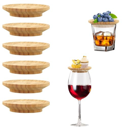 Yeenano Wine Glass Charcuterie Topper,6 Pcs Wine Glass Charcuterie Topper,Bamboo Wines Glasss Board Coasters,Reusable Leak-Proof Lid Appetizer Plates Desserts,for Family Gatherings,Restaurants,Bars