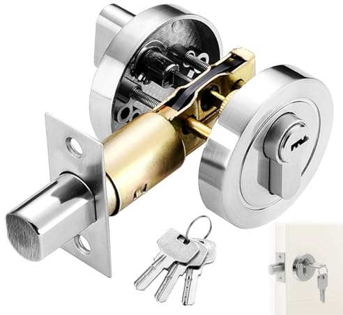 Deadbolt Door Lock, Round Internal Door Lock with Key, Dead Bolts for Internal Doors, 35-50mm Zinc Alloy Security Gate Locks for Bedroom, Entrance Passage (Silver)