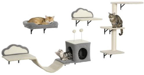 PawHut Katzen Kletterwand Set Kratzbrett 4-teilig bis zu 5 kg Beige | Bett, Kratzbaum mit Höhle, Weicher Leiter, Katzenmöbel