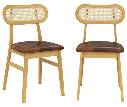 FANTASK 2er-Set Esszimmerstühle Holz, Bezug aus Kunstleder & Rattan-Rückenlehne, Holzstühle mit gepolsterter Sitzfläche, Freizeitstühle für Küche und Esszimmer, Vintage
