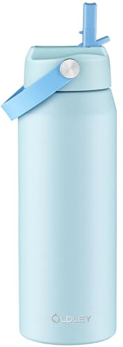 OLDLEY 750ml Insulated Water Bottle with Straw, Stainless Steel Water Bottles with Handle, Leakproof BPA Free Vacuum Metal Flask Keep Hot and Cold for Sports, Travel, Hiking (Light Blue)