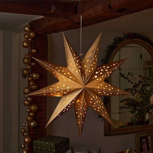 Marco Paul Large 50cm LED Light-Up Gold Origami Star Christmas Decoration Battery Operated Hanging Ornament with Auto Timer Indoor Xmas Home Décor Lighting