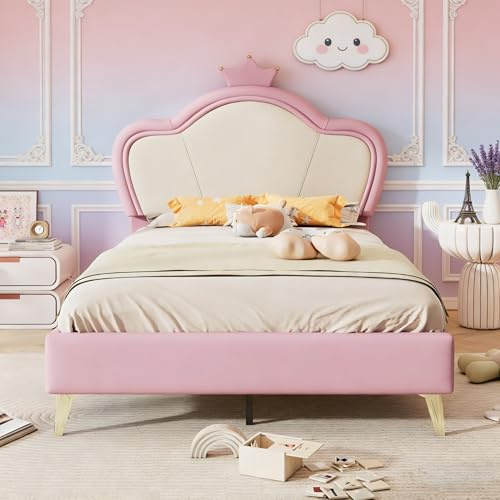 BursDany Bett für Kinder, Prinzessin, 90 x 200 cm, gepolstert, mit Kopfteil, Lattenrost und Metallbeinen, PU, Rosa und Weiß