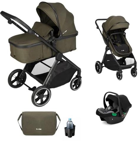 Nurse Wander C Trio 3-in-1 Kinderwagen, Babywanne umwandelbar in Sportsitz und i-Size Babyschale, kompaktes Faltmaß, mit Zubehör, Grün