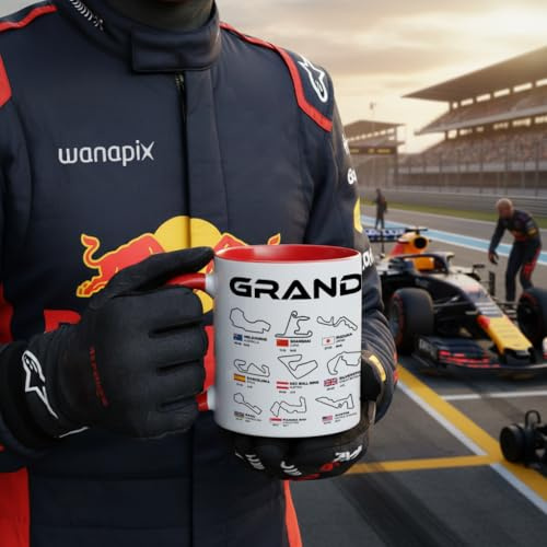 Wanapix | Formula 1 Ceramic Mug | Geek Motor Racing Gifts | 325 ml | 2026 Season Mug | Dishwasher and Microwave Safe | Red Handle | 2026 Race Calendar