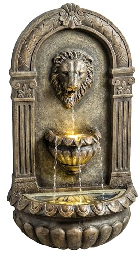 Fontaine murale Outsunny, cascade à 3 niveaux, fontaine de jardin avec éclairage LED et débit réglable pour terrasse, brun rustique