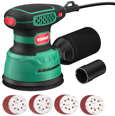 SORAKO Ponceuse excentrique 350W,125 mm,6 vitesses,16 feuilles abrasives,système d'aspiration,fonction frein rapide,Pour le bois et les projets de loisirs créatifs