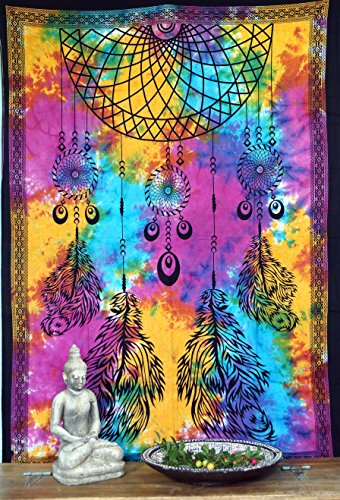 GURU SHOP Boho-Style Wandbehang, Indische Tagesdecke - Chakra Traumfänger/Regenbogen, Baumwolle, 190x140x0 cm