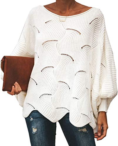 ZIYYOOHY Damen Pullover Oversize V Ausschnitt Lose Pulli Strickpullover Outwear (M, Weiß)