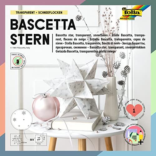 folia 801/1515 - Bastelset Bascetta Stern, aus Transparentpapier weiß/silberne Schneeflocken, 15 x 15 cm, 32 Blatt, fertige Größe des Papiersterns ca. 20 cm, mit Anleitung, zur zeitlosen Dekoration
