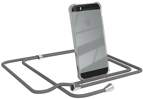 EAZY CASE Handykette kompatibel mit iPhone 5 / 5S / SE (2016) Handyhülle mit Umhängeband, Handykordel mit Schutzhülle, Silikonhülle, Hülle mit Band, Stylische Kette für Smartphone, Anthrazit