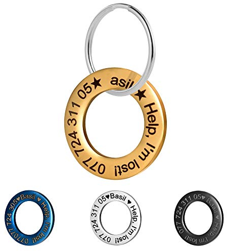 lyl Etiquetas de identificación de Mascotas de Acero Inoxidable Etiquetas de Perro Personalizadas Personalizadas Grabado Frontal/Posterior para Gato y Perro de Anillo Forma (Oro, M)