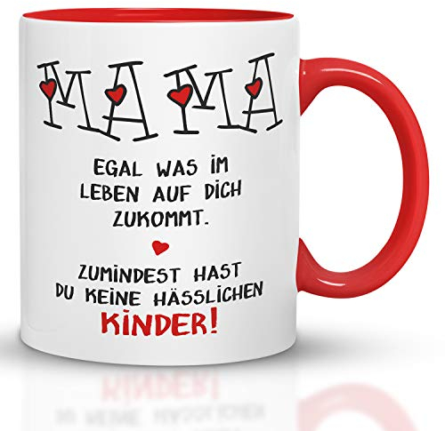 Kaffeebecher24 - Geschenk Muttertag - Tasse Mama hässliche Kinder - Spülmaschinenfest - Geschenke für Mama - Tasse lustig - Mutertagsgeschenk Tasse - rot