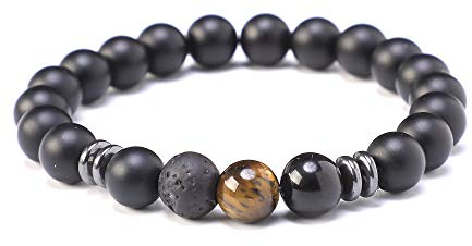 Kim Johanson Perlenarmband *Chakra* aus Onyx Stein mit Jaspis Perle I Partner Armband I Energiearmband I Freundschaftsarmband in Schwarz I Geschenk für Paare inkl. Beutel (1 x Braun Jaspis)