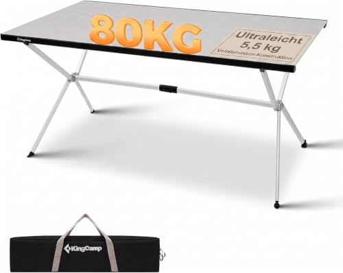 KingCamp Campingtisch Klapptisch für 4-8 Personen,bis 80 kg | Ultraleicht 5.5kg,Aluminium Roll-Up Nahtlos Tischplatte,Schneller Auf- und Abbau,Kompakt,Robust,Langlebig,Outdoor Picknick