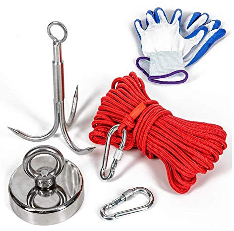Bluetooth earphone 520lb Fishing Magnet Kit with Grappling Hook, Gloves, 100FT Rope and Carabiner for Kids Adults Family Beginners Children Retrieving Items in Lake,Beach,Lawn and New House.