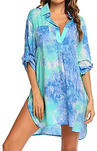 Pareo Plage Mousseline de Soie Robe de Plage pour Femmes V-Cou Bikini Cache-Maillots Chemise Robe Cache Couvrir Beach Maillots de Bain Cover Up Coton Mélangé V-Cou Manche 3/4