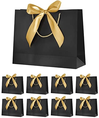 Gift Bags for Presents,Black Gift Bags with Ribbon Bow for Birthday,Wedding,Party,Christmas 12.6x9.8x3.9inches,(Black,8 Pack)