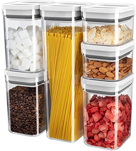 MR.SIGA 6 Piece Airtight Food Storage Container Set, BPA Free Kitchen Pantry Organization Canisters, One-handed Kitchen Storage Containers for Cereal, Spaghetti, Pasta, White