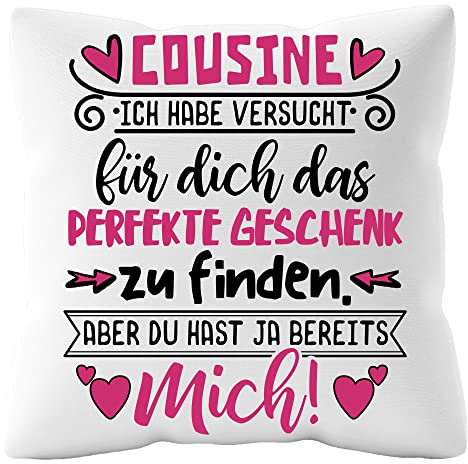Urhome Kissenbezug mit Spruch Cousine 40cm x 40cm Kissen ohne Füllung Dekokissen Weiß Kuschelkissen waschbar Kopfkissen Zierkissen Geschenk zum Geburtstag