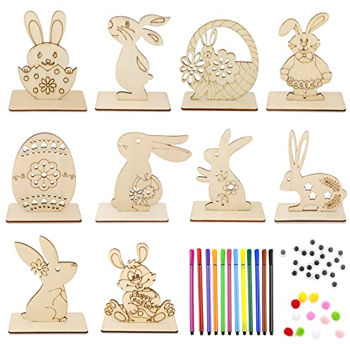Ostern Basteln Holz,Hasen aus Holz und Holzeier zum Bemalen,0sterbasteln mit Kindern,DIY Osterhase Deko,56 Stück Osterhase Holzhuhn Holzeier, mit Bunte Mini Pompons,Kulleraugen,Ostern Basteln Kinder