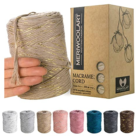 MeriWoolArt® Makramee Garn Beige - Makramee Garn 3mm farbig 200m - Super weiches Garn, einfach gedrehte Makramee Schnur - Öko-Tex 96% recyceltes Baumwollgarn farbig - DIY Boho Deko Makramee