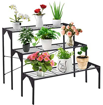 GOPLUS 3 Ebenen Metall Pflanzenständer, Blumentreppe Outdoor, Blumenregal Pflanzentreppe für Garten Balkon, Schwarz (Rechteckig-ohne Muster)