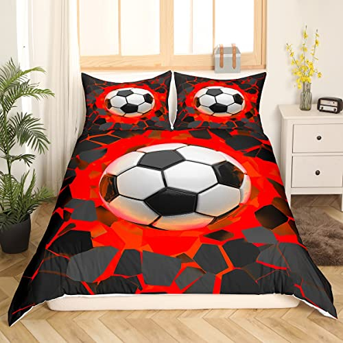 Loussiesd Fußball-Bettwäsche 155x220 für Kinder, Sport Thema Bettbezug-Set Mädchen Damen Jungen Fußballmuster Bettwäsche Set Schwarz Rot Ballspiel Zimmerdekoration Bettbezug mit 1 Kissenbezug 80x80cm