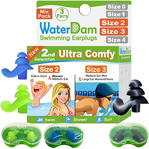 WaterDam Swimming EarPlugs Great Waterproof Ultra Comfy Earplugs Prevent Swimmer'sEar (Size 2+2+3: Small Medium Ear Men (Green Blue) & Medium Large Ear Teens Women (Black))
