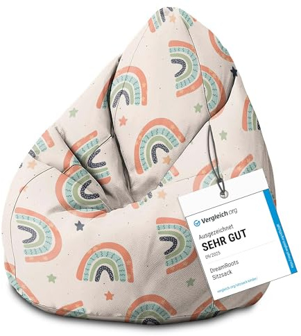 DreamRoots Sitzsack Kinder 70x70x105, Boho Rainbow with Stars | Bean Bag Kinder mit Lehne, Hocker & Bezug, Sitzkissen Boden, Bubibag, mit Füllung, Kinderzimmer