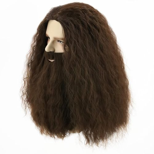 LeMarnia Herren Perücke Dunkelbraun Lange Lockige Haar Bartperücke für Cosplay Halloween Kostüm Perücke