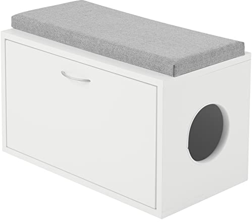 Versatile Cat Litter Box Enclosure 23.6'' (60cm) Wide, Hidden Cat Furniture & Indoor Dog House with Side Entry, White Entryway Bench with Cushion on Top
