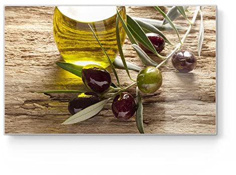 DEQORI Frühstücksbrett Glas | klein 23x14 cm | Motiv Olivenzweig und Öl | Design Schneidebrett für Küche | Frühstücksbrettchen antibakteriell & rutschfest | Glasplatte & Servierplatte