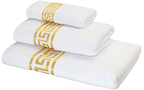 Belle Arti Premium Mäander Handtücher Duschtücher Gästetücher Flauschige Frottee Baumwolle (3er Set - 30x50 + 50x100 + 70x140 cm, Weiss)