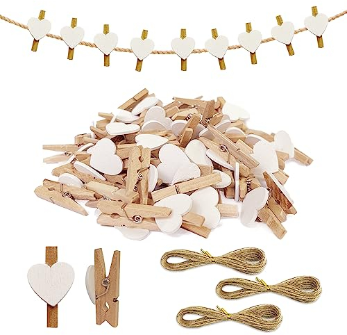 110 Mini Love Wooden Clips With 30 Meters Of Twine, Mini Wooden Pegs, Small Clothespin Wooden Peg Decorations, Photo Clips, Suitable For Parties And Card Decorations