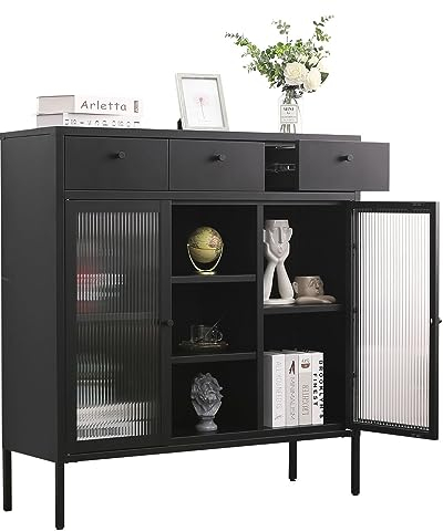Mein-Regal Highboard Paris mit 3 Schubladen Beistellschrank Wohnzimmer Metall Schrank Ablage 2 Glastüren, Kommode für Bücher und Deko LxBxH ca. 105x35x110 cm