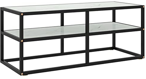 ZEYUAN TV-Schrank, Tv Board, Tv Lowboard, Tv Tisch, Fernsehschrank, Fernsehtisch, Kommode, Sideboard Wohnzimmer, Tv Sideboard, Schwarz mit Weißer Marmor-Optik Glas 100x40x40 cm