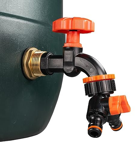 Solid brass water butt/rain barrel/tank threaded outlet adaptor/connector with 2 washers and nut,range of tap options (dial tap+tap splitter)