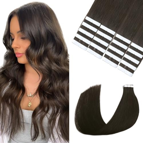 Sindra Tape in Extensions Echthaar Haar Extensions Echthaar Real Human Hair Dunkel Braun 20pcs 50g 35cm Invisible Remy T#2 14 Zoll