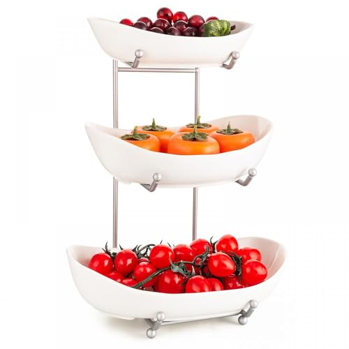 Gelory 3 Tier Fruit Bowls for Kitchen Counter, Ceramic Fruit Bowl with Metal Rack, Porcelain Kitchen Bowls Veggies Snack Nuts Bread Candy Dessert Cake Tray (White)