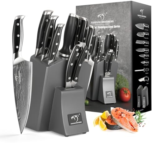 Professional Japanese Style Damascus Steel Kitchen Knife Set 9 Pieces with Wooden Block Includes Chef Knife, Bread Knife, Santoku Knife, Utility and Paring Knife, All in a Gift Box Grey