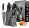 Professional Japanese Style Damascus Steel Kitchen Knife Set 9 Pieces with Wooden Block Includes Chef Knife, Bread Knife, Santoku Knife, Utility and Paring Knife, All in a Gift Box Grey