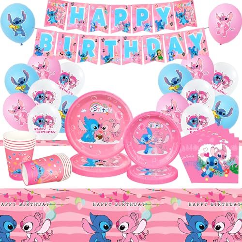 Sinwind Sti-tch Anniversaire Vaisselle, 84 Pièces Sti-tch Decoration Anniversaire Kit, Vaisselle de Fête Sti-tch Comprend Ballons, Bannières, Assiettes, Gobelets en Papier, Serviettes, Nappes
