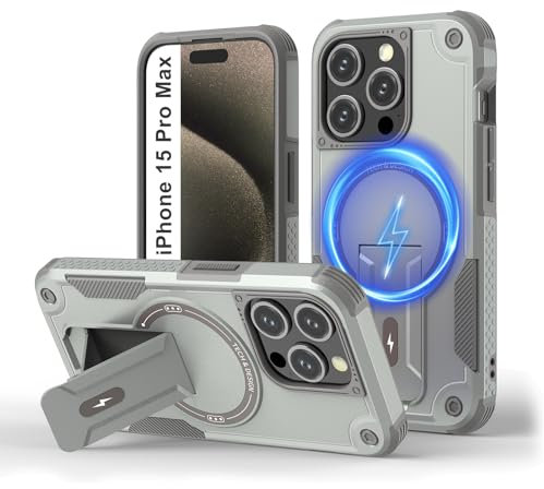 Tuvror Magnetic for iPhone 15 Pro Max Case with Stand. [Compatible with MagSafe] Built-in Kickstand. Rugged Protection Heavy Duty Shockproof Case for iPhone 15 Pro Max (Grey)