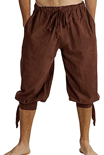 Runcati Kurze Hosen Herren Pluderhose mit Schnürung Wikinger Sommerhose Pirat Mittelalter Kostüm Freizeit Strand Shorts, Braun, L