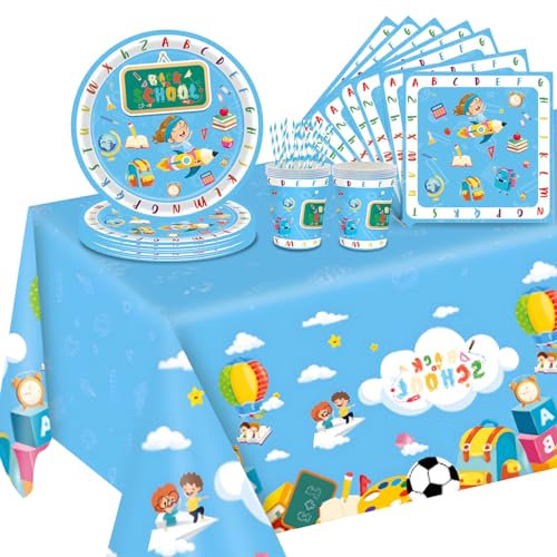 SANLIUSANJIU 81 Stück Einweggeschirr Partygeschirr Einschulung, Schulanfang Ausmal Tischdecke, Schulanfang Teller Servietten Papier Strohhalme Set Für Einschulung Kinder Geburtstag Party Dekorationen