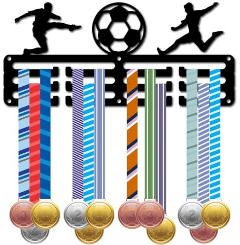 CREATCABIN Fußball-Medaillenhalter,Sport-Medaillenaufhänger,Präsentation von Rennen,Wettbewerben,Siegespreisen,Schleifen-Organizer,Kleiner Schwarzer Metallständerrahmen Zum Aufhängen Medaillen,29x13cm